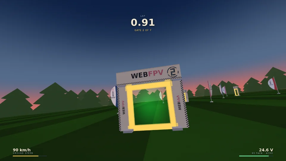 WebFPV-Screenshot: FPV-Racing durch ein beleuchtetes Tor